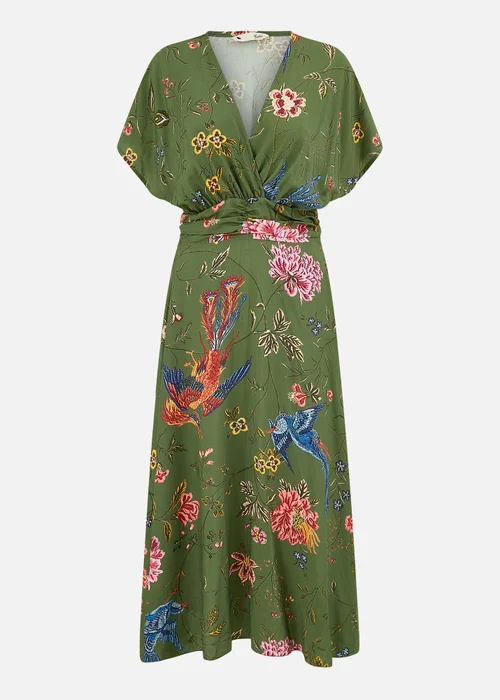 Yumi Green Bird and Floral Print Ruched Waist Kimono Midi Dress - 12 Image 3