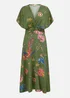 Yumi Green Bird and Floral Print Ruched Waist Kimono Midi Dress - 12 Image 3