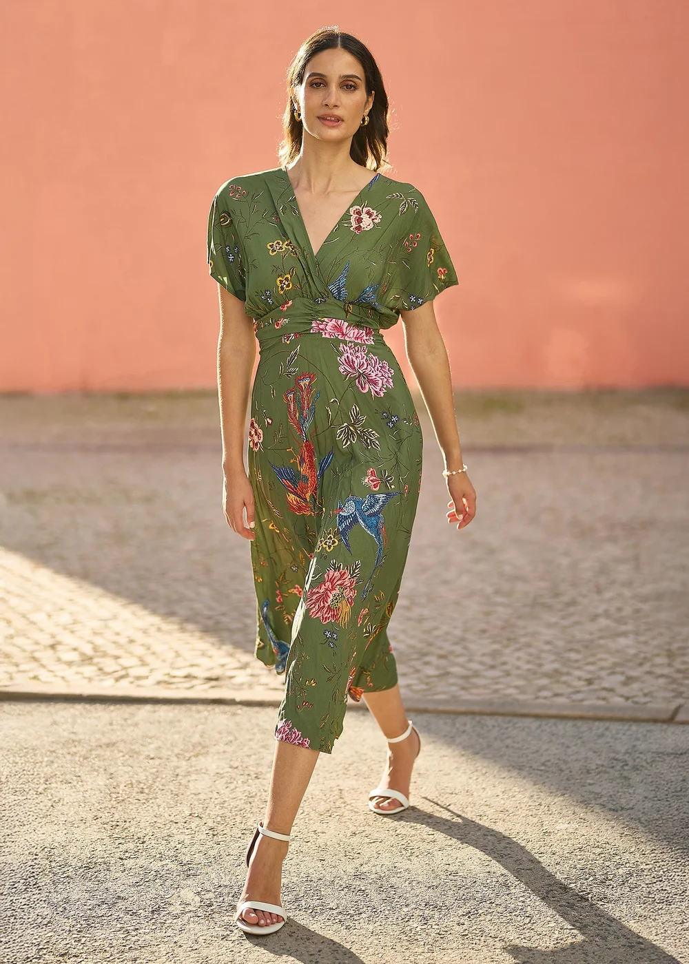 Yumi Green Bird and Floral Print Ruched Waist Kimono Midi Dress - 12 Image 1