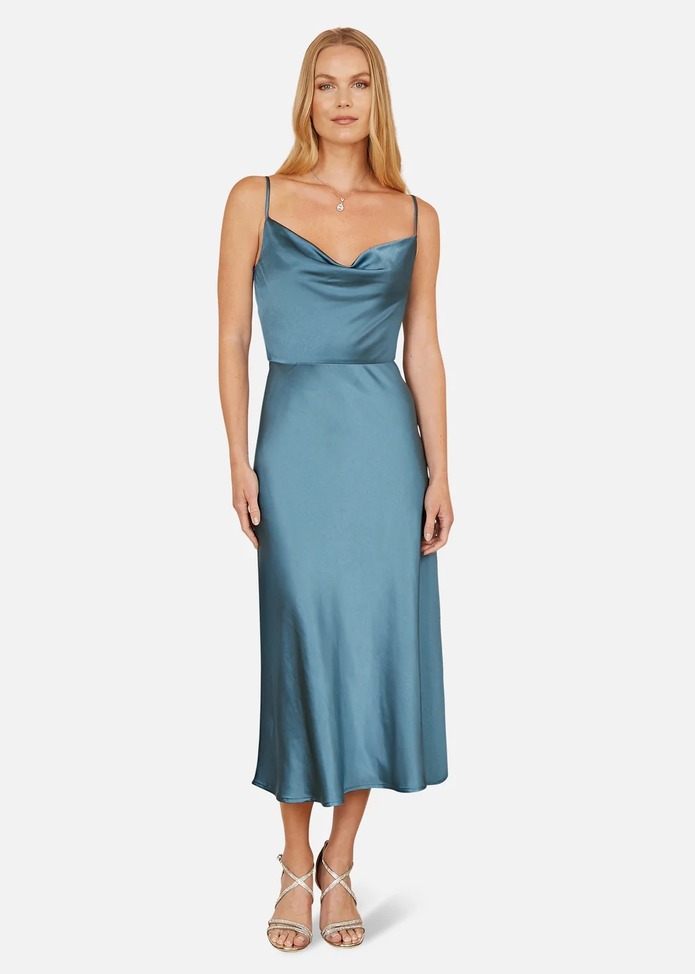 Yumi Blue Satin Cowl Neck Midi Dress - 14 Image 1