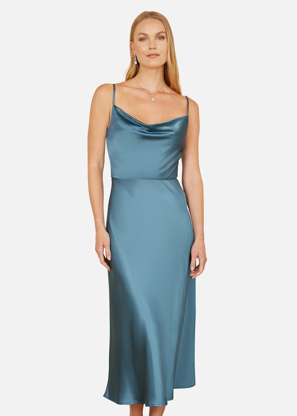 Yumi Blue Satin Cowl Neck Midi Dress - 14 Image 2