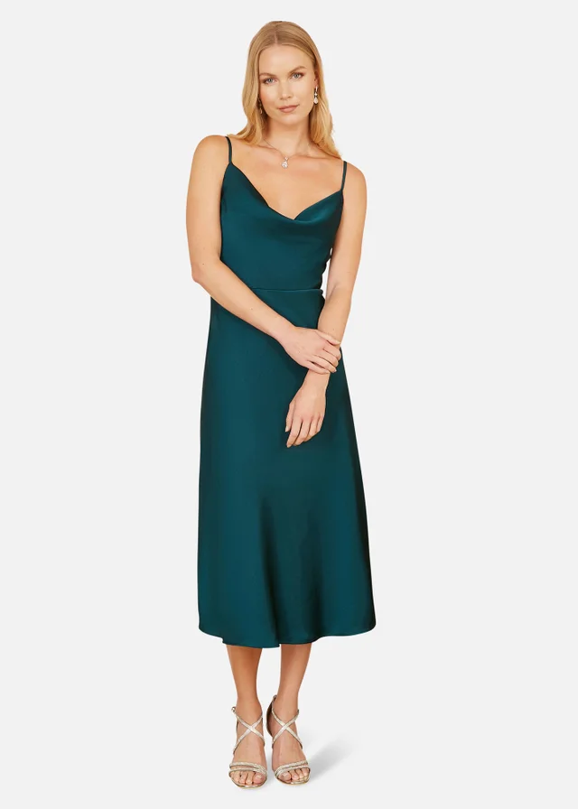 Yumi Green Satin Cowl Neck Midi Dress