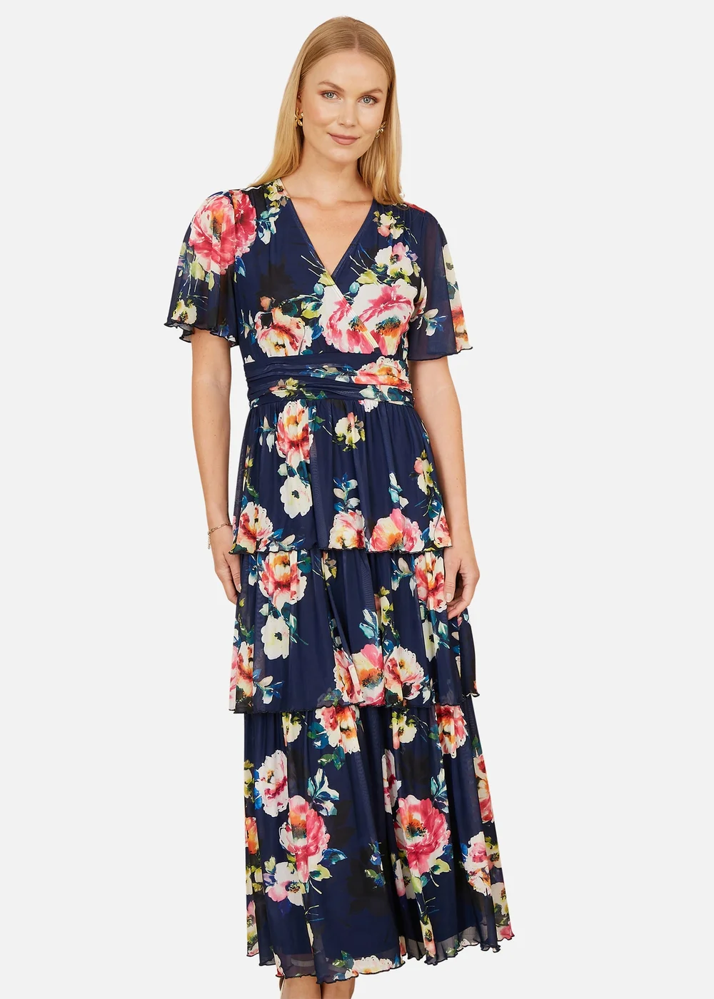 Yumi Navy Floral Mesh Tiered Maxi Dress - 14 Image 2