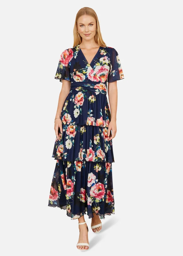 Yumi Navy Floral Mesh Tiered Maxi Dress