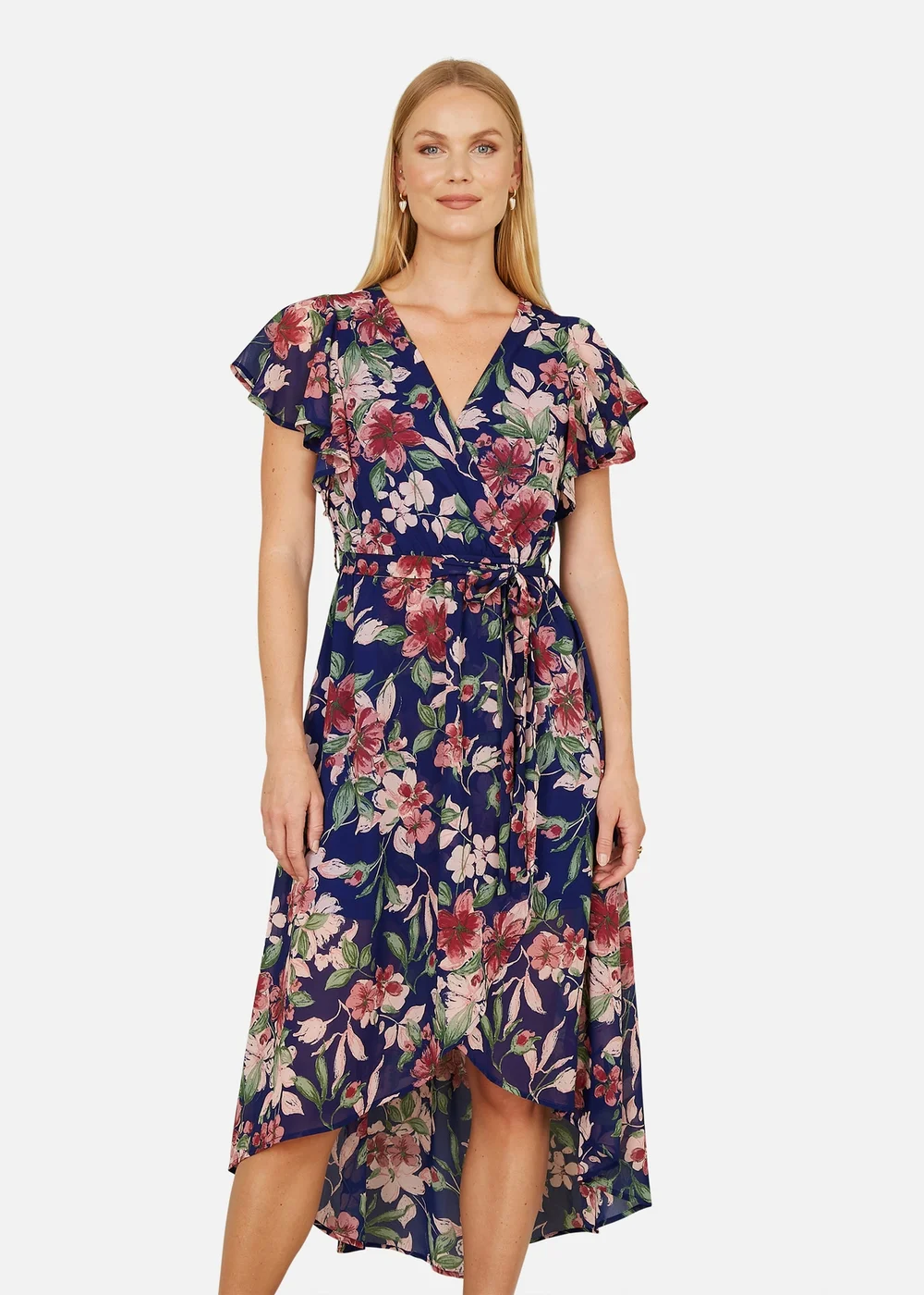 Yumi Blue Floral Wrap Midi Dress With Frill Hem - 16 Image 2