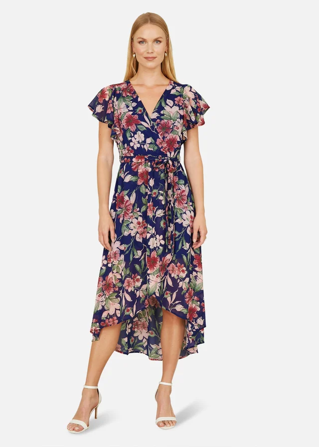 Yumi Blue Floral Wrap Midi Dress With Frill Hem