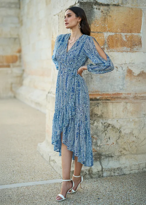 Yumi Blue Paisley Dipped Hemline Midi Dress With Open Long Sleeves - 16 Image 1