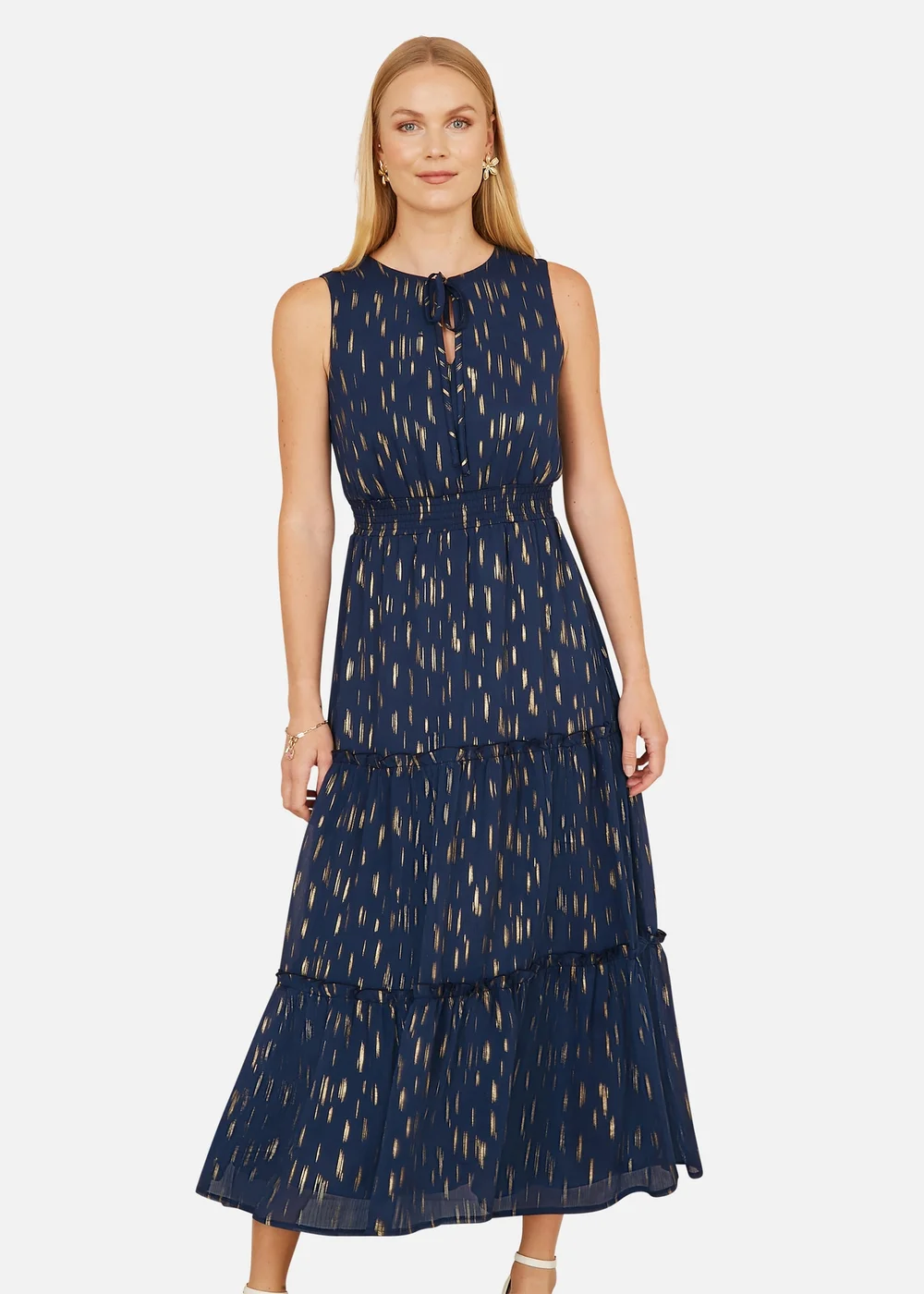 Yumi Navy Foil Print Ruched Waist Midi Dress With Tie Notch Neckline - 14 Image 2
