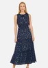 Yumi Navy Foil Print Ruched Waist Midi Dress With Tie Notch Neckline - 14 Image 2