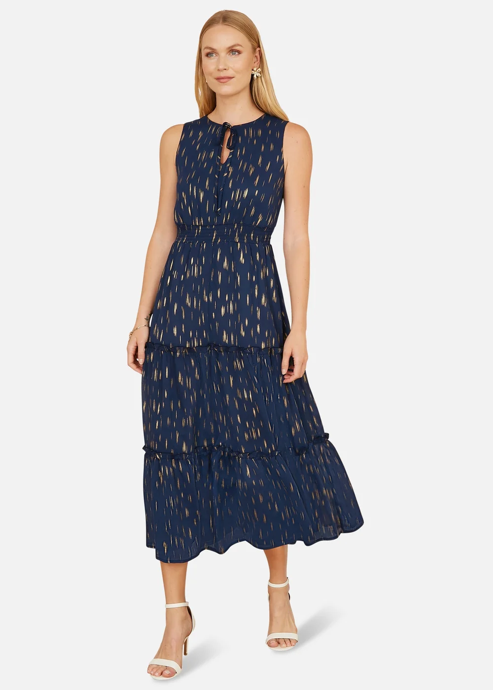 Yumi Navy Foil Print Ruched Waist Midi Dress With Tie Notch Neckline - 14 Image 1