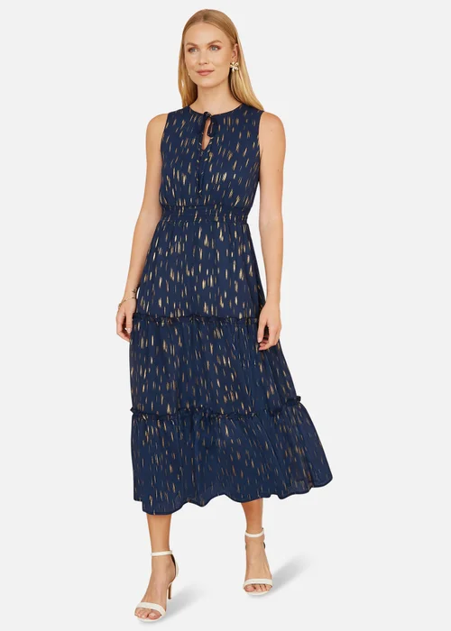 Yumi Navy Foil Print Ruched Waist Midi Dress With Tie Notch Neckline - 14 Image 1