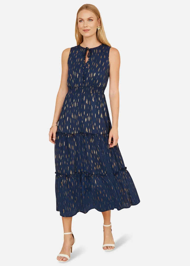 Yumi Navy Foil Print Ruched Waist Midi Dress With Tie Notch Neckline