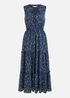 Yumi Navy Foil Print Ruched Waist Midi Dress With Tie Notch Neckline - 14 Image 3