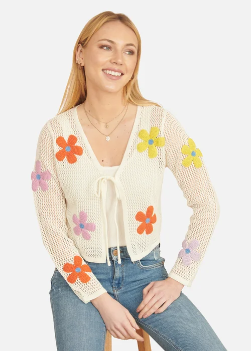 Yumi Ivory Tie Front Cardigan With Flower Design - Large Image 1