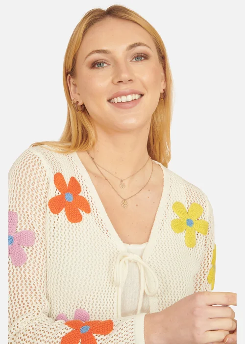 Yumi Ivory Tie Front Cardigan With Flower Design - Large Image 3