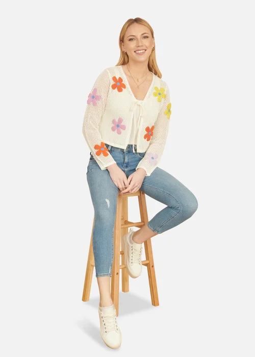 Yumi Ivory Tie Front Cardigan With Flower Design - Large Image 2