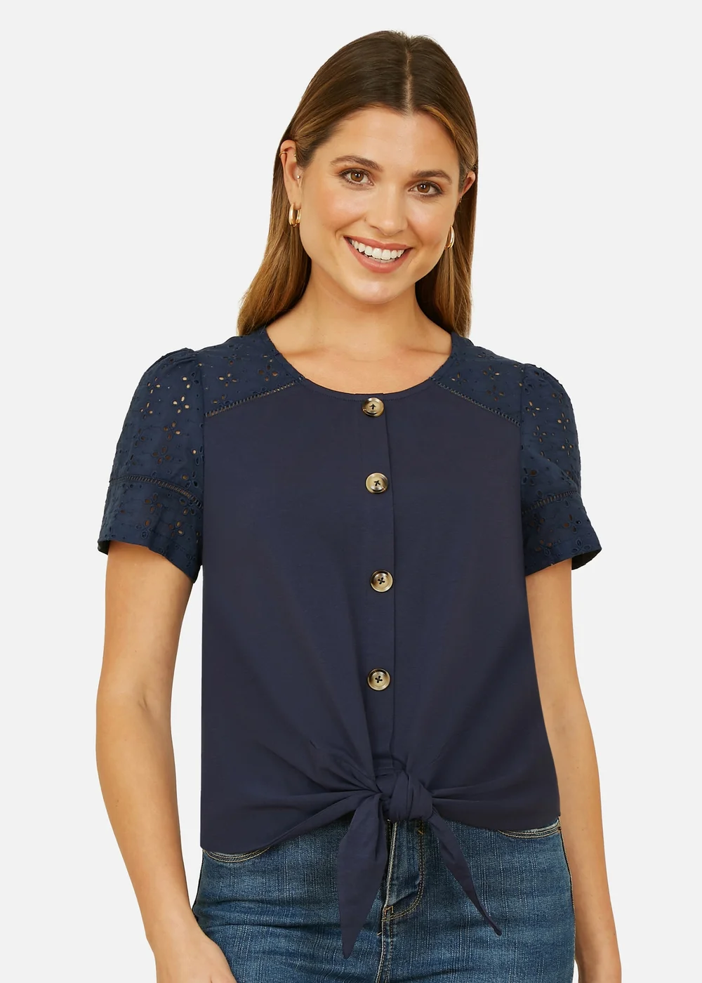 Yumi Navy Jersey Button Detail T-Shirt With Broderie Anglaise Sleeves And Tie Front - Size 18 Image 2