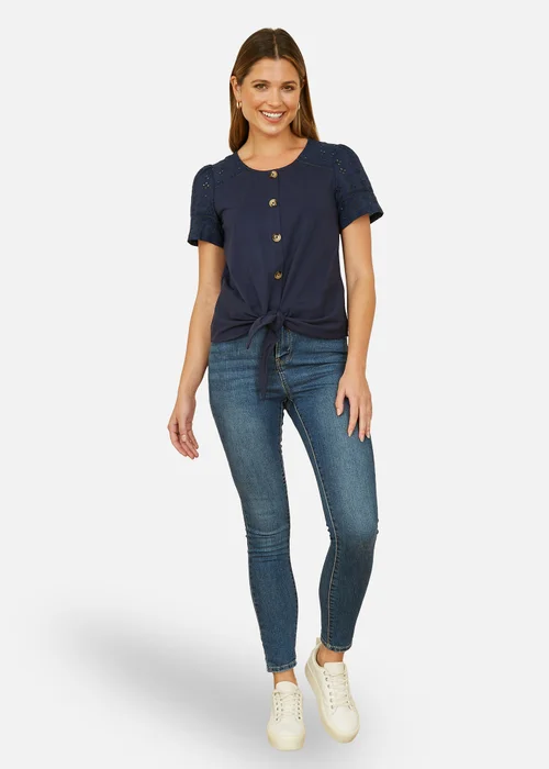 Yumi Navy Jersey Button Detail T-Shirt With Broderie Anglaise Sleeves And Tie Front - Size 18 Image 1