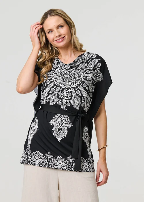 Izabel London Black Paisley Print Tie Waist Kimono Blouse Top - M Image 2
