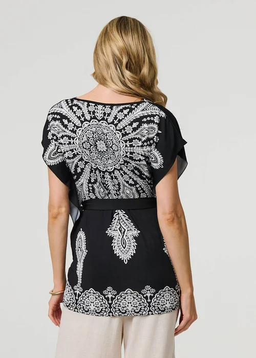 Izabel London Black Paisley Print Tie Waist Kimono Blouse Top - M Image 4