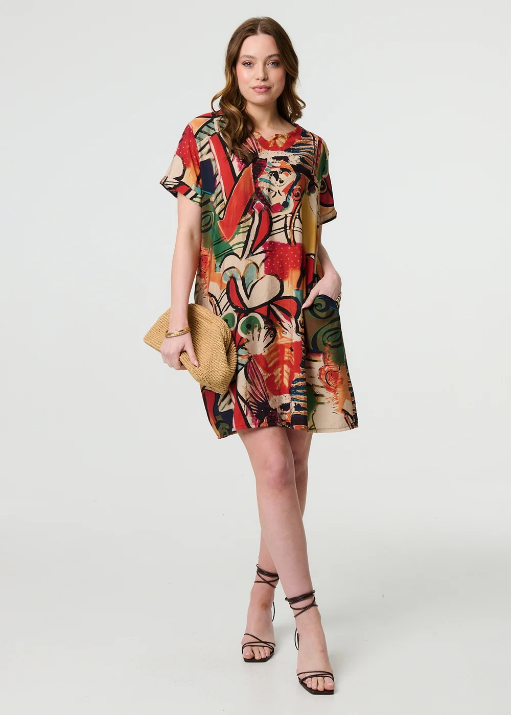 Izabel London Orange Abstract Print Relaxed Short Shift Dress - S/M Image 1