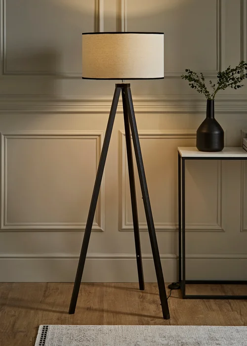 ValueLights Barbro Tripod Wood Black Floor Lamp with Large Drum Trim Shade - One Size Image 1