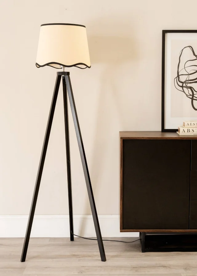 ValueLights Barbro Tripod Wood Black Floor Lamp with Large Tapered Trim Shade