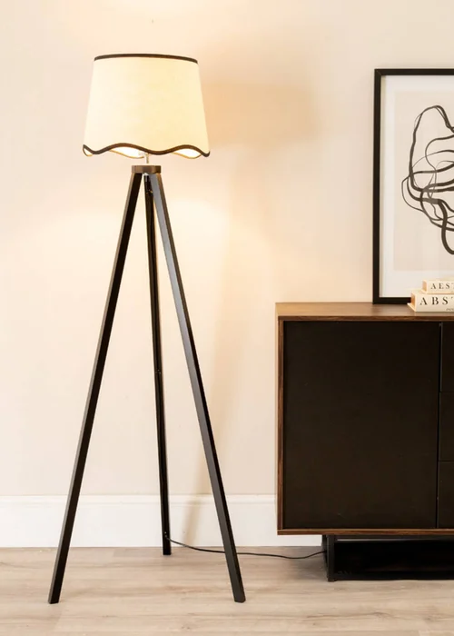 ValueLights Barbro Tripod Wood Black Floor Lamp with Large Tapered Trim Shade - One Size Image 3