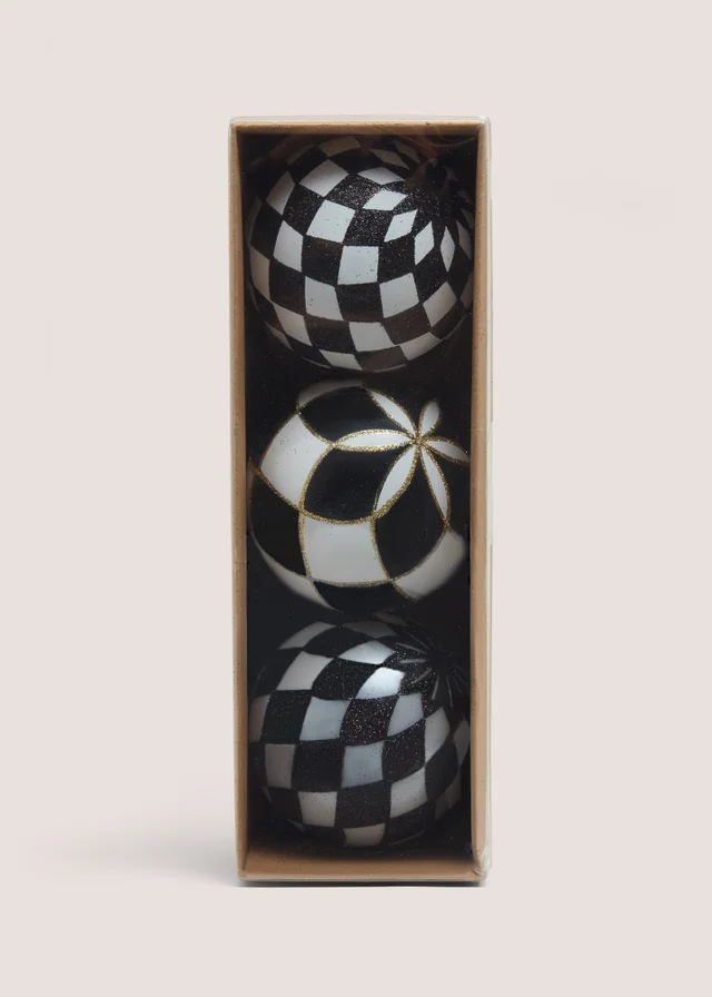 3 Pack Black & White Check Baubles
