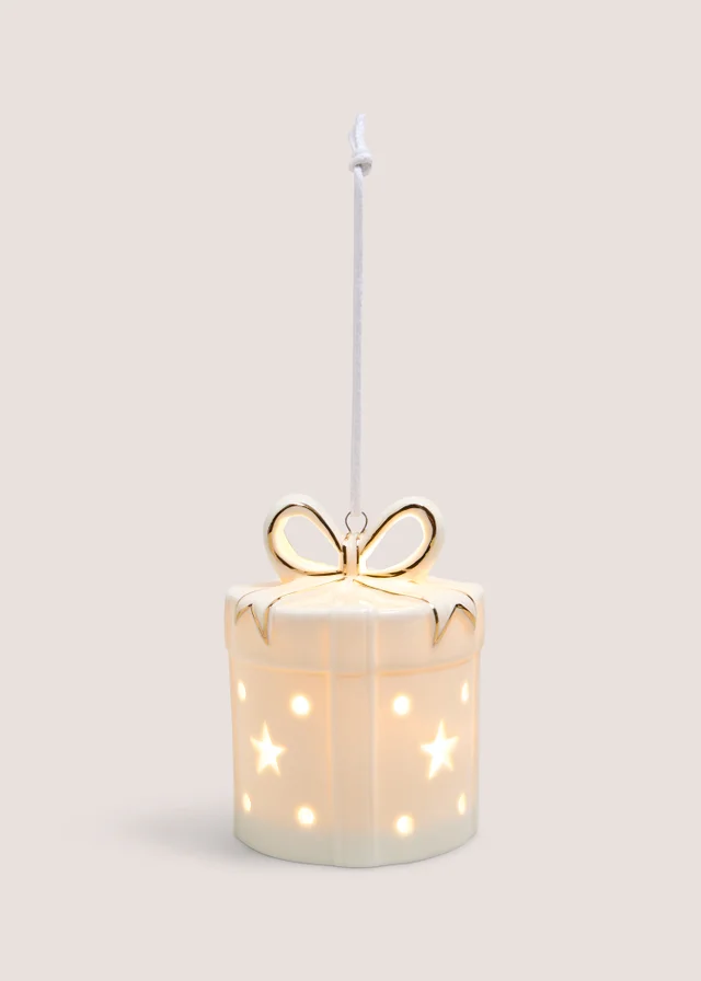 Handmade Cream Ceramic LED Christmas Present Tree Decoration
