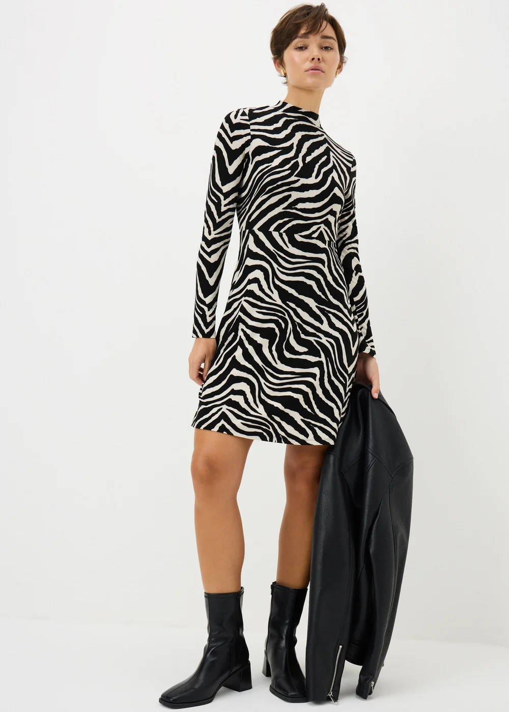 Black Mono Zebra Supersoft Mini Dress - Size 26 Image 1