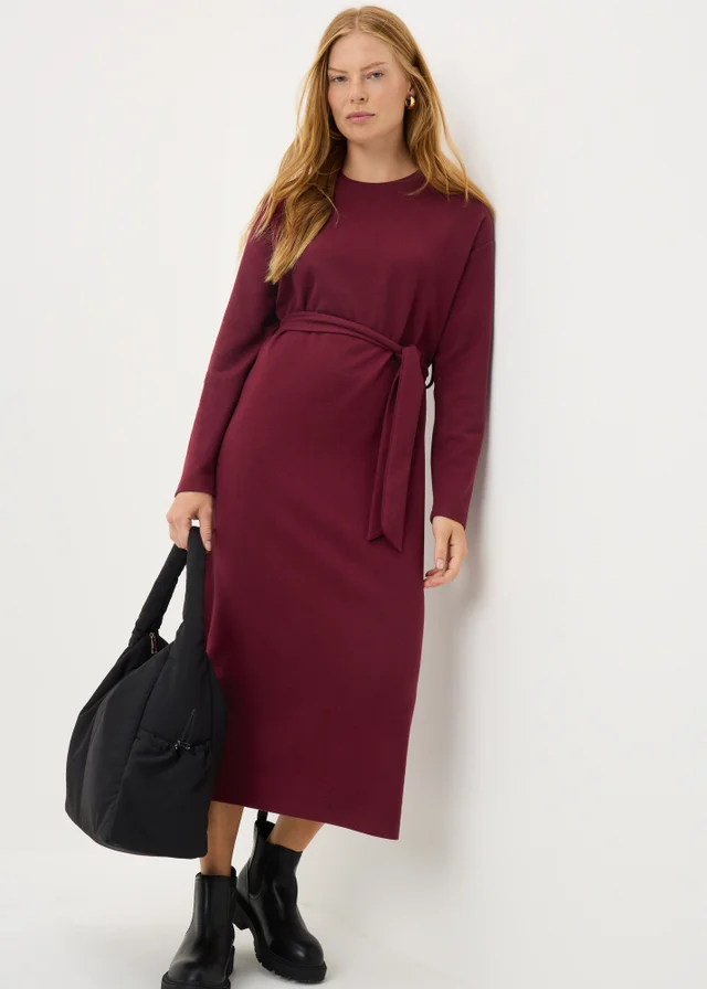 Burgundy Cosy Rib Belted Midi Dress