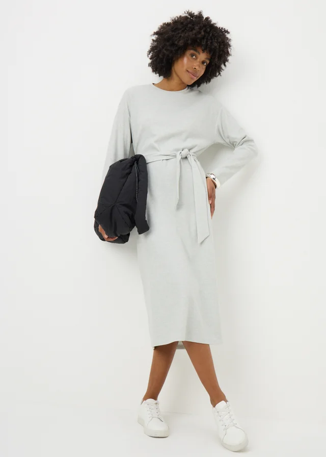 Grey Cosy Rib Belted Midi Dress