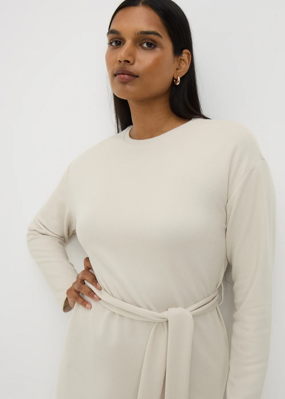 Cream Belted Cosy Midi Dress - Size 26 Image 2