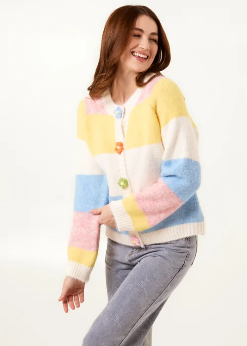 Blue Vanilla Multi Colourful Striped Cardigan With Flower Buttons - Small/Medium Image 1