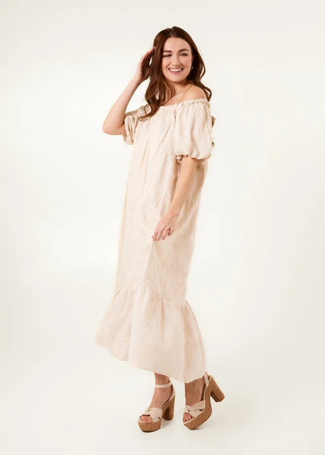 Blue Vanilla Linen Off-Shoulder Bardot Ruffle Dress