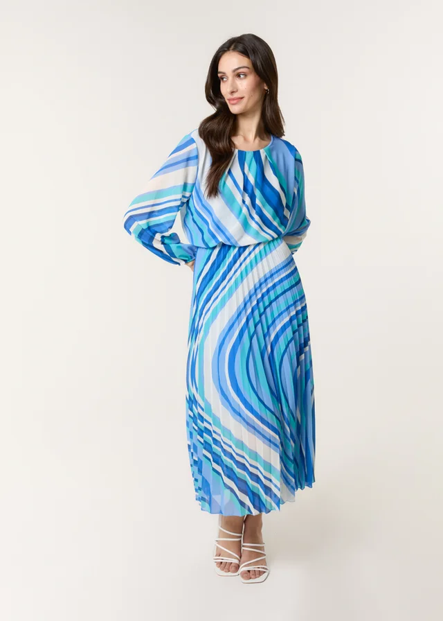 Blue Vanilla Blue Swirl Print Pleated Round Neck Dress
