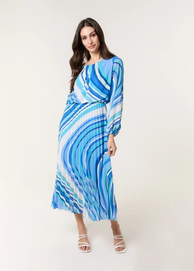 Blue Vanilla Blue Swirl Print Pleated Round Neck Dress