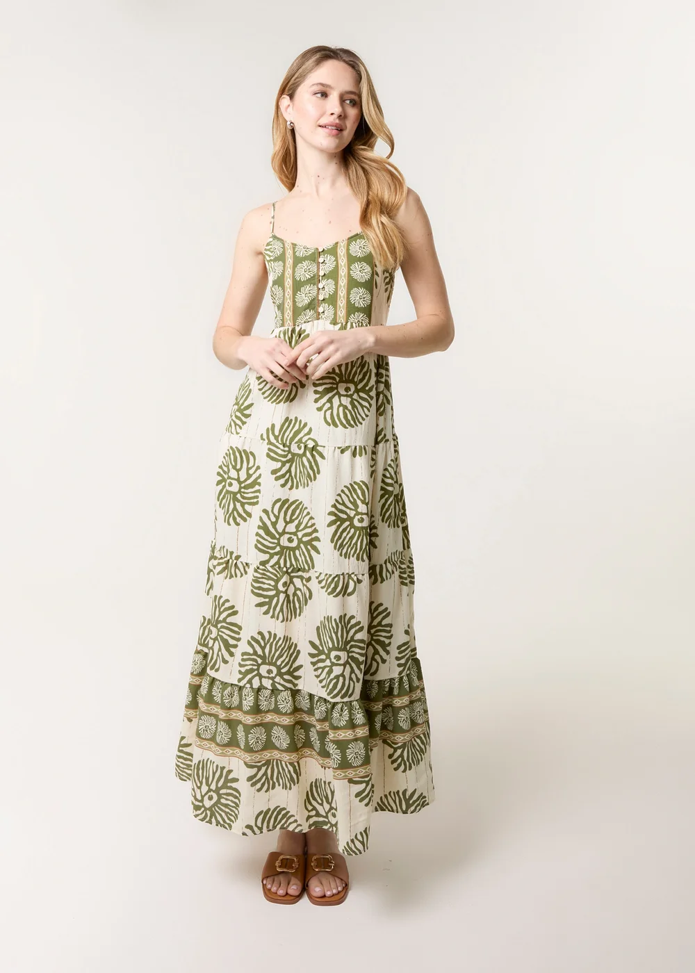 Blue Vanilla Khaki Abstract Strappy Button Front Maxi Dress - S Image 2