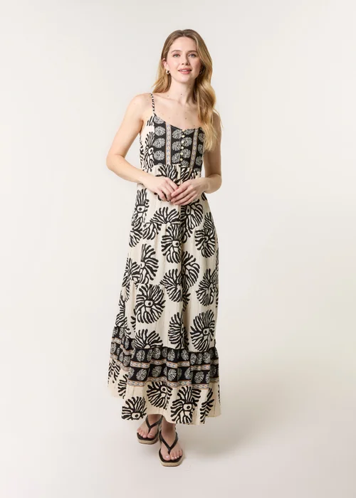 Blue Vanilla Black Abstract Strappy Button Front Maxi Dress - S Image 1