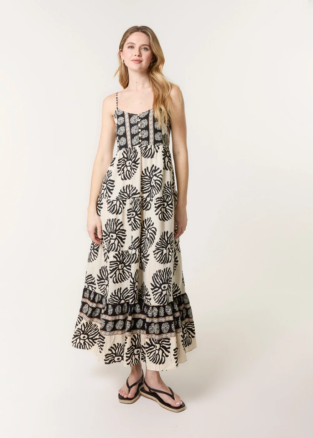 Blue Vanilla Black Abstract Strappy Button Front Maxi Dress - S Image 2