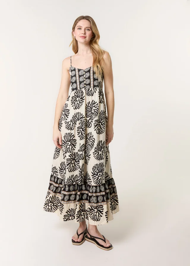 Blue Vanilla Black Abstract Strappy Button Front Maxi Dress