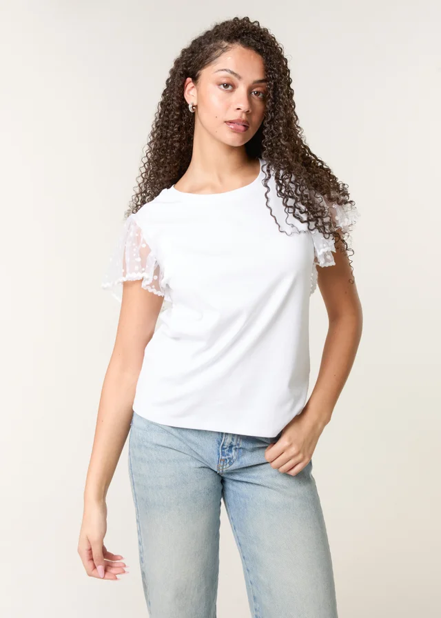 Blue Vanilla White Polka Dot Mesh Sleeve T-shirt