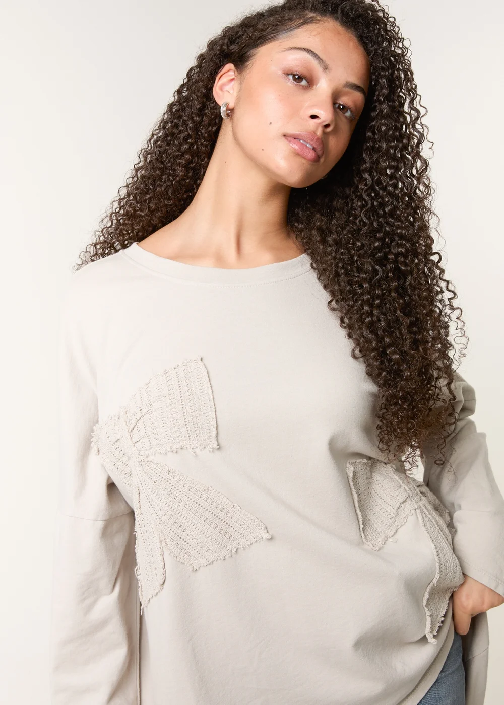 Blue Vanilla Beige Lace Bow Sweat Top - One Size Image 2