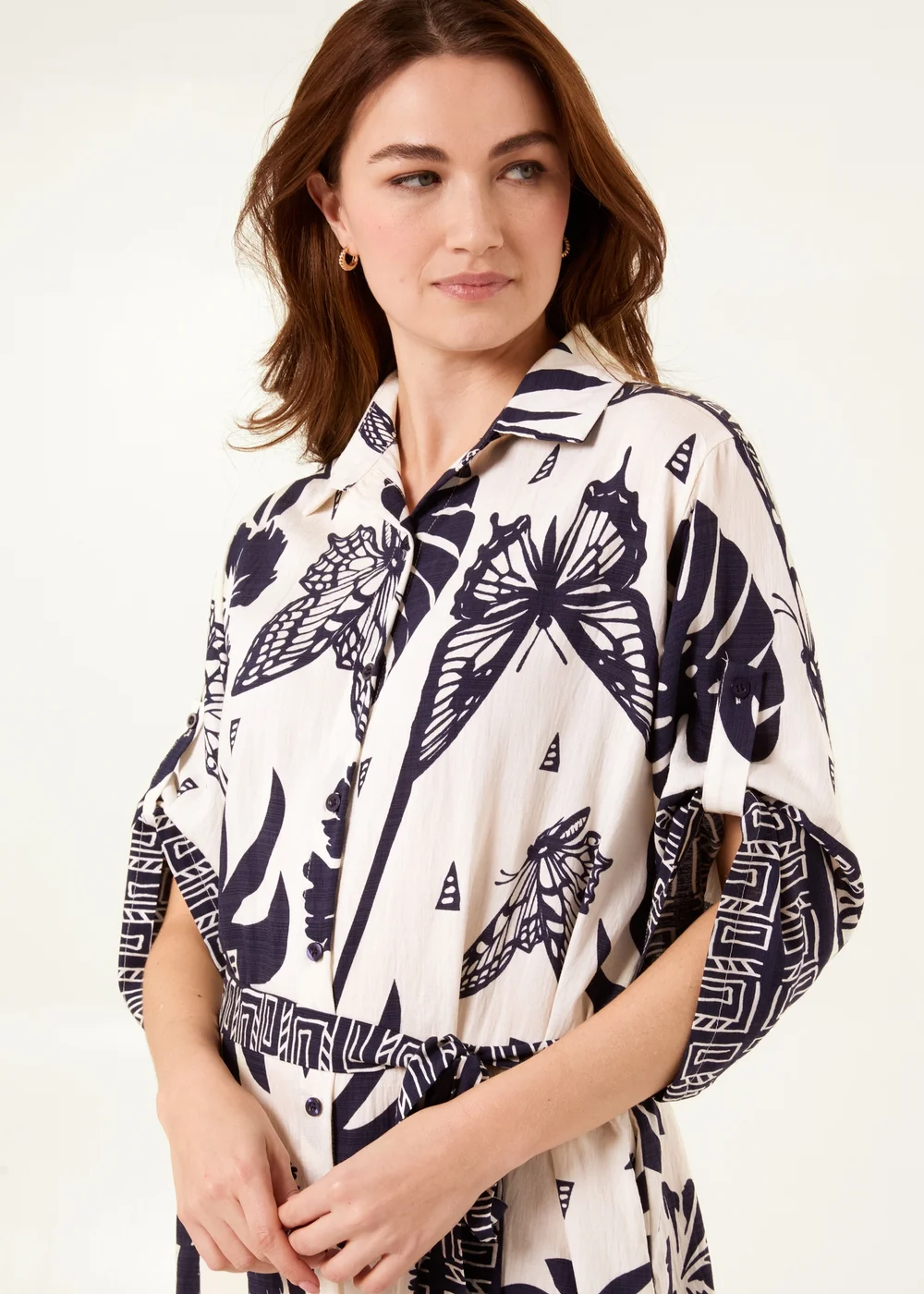 Blue Vanilla Navy Butterflies & Tropical Printed Abstract Shirt Dress - S/M Image 2