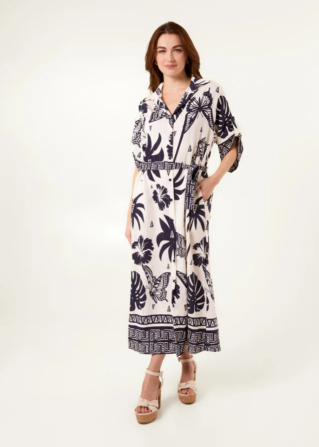 Blue Vanilla Navy Butterflies & Tropical Printed Abstract Shirt Dress