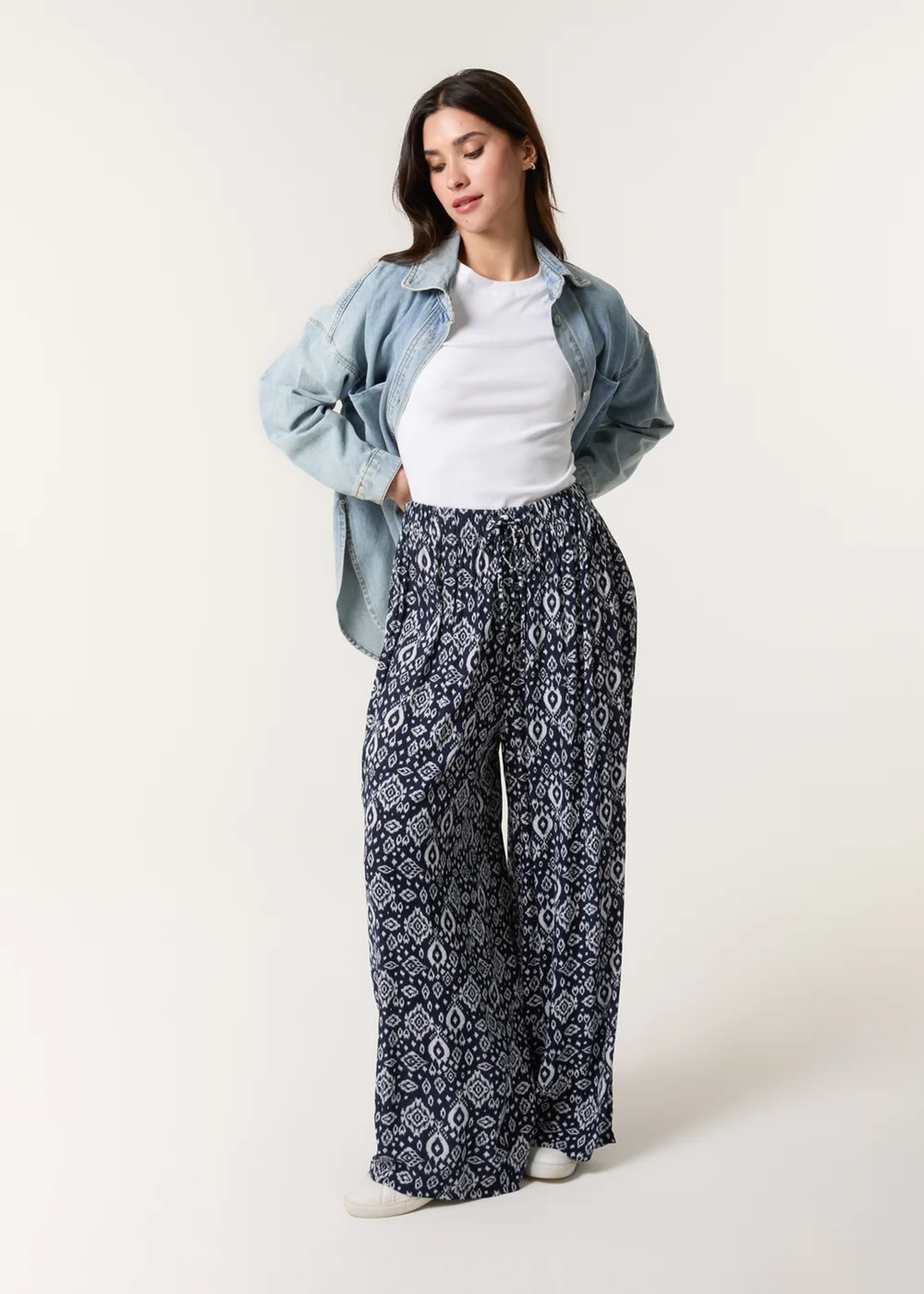 Blue Vanilla Navy Printed Elastic Waist Trouser - S Image 1