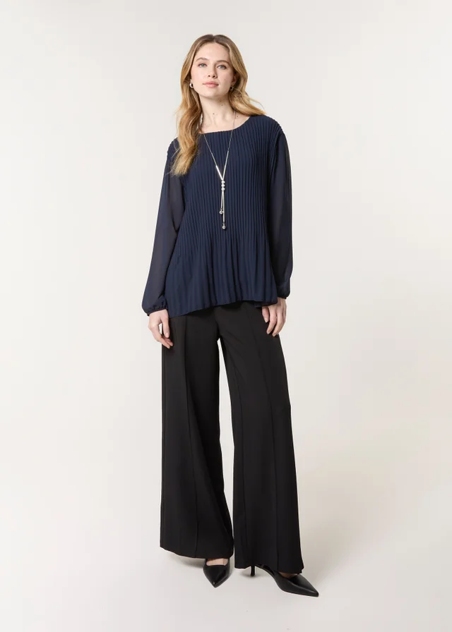 Blue Vanilla Navy Long Sleeve Pleated Top