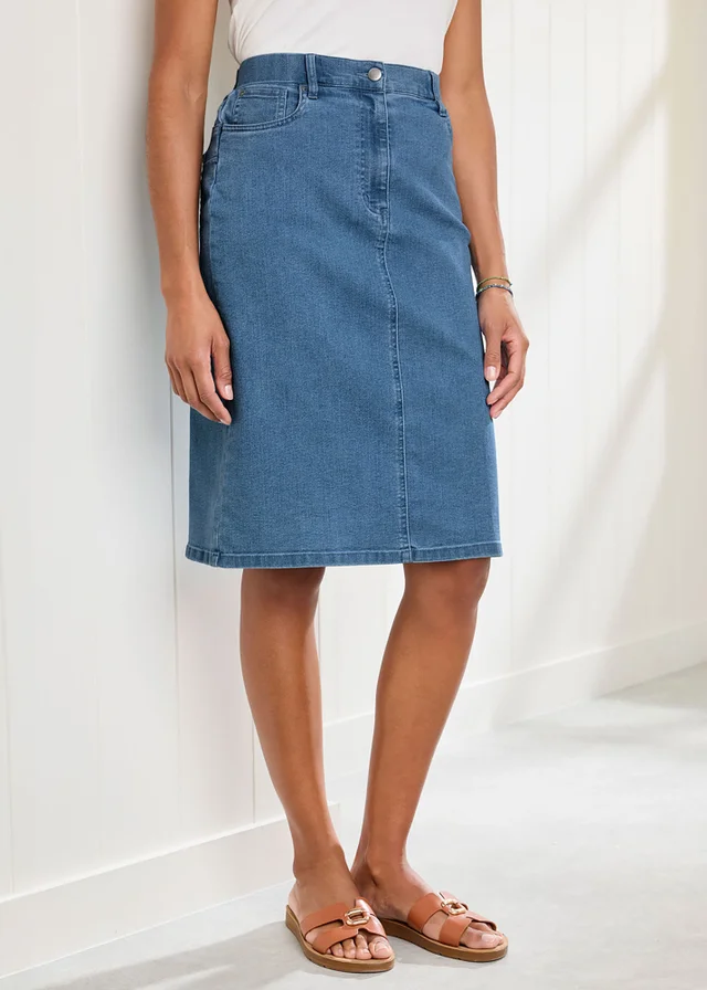 Cotton Traders Washed Blue Stretch Denim Skirt