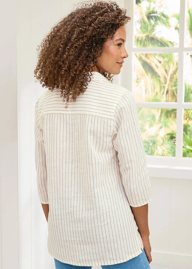 Cotton Traders Ivory Stripe 3/4 Sleeve Cotton-Linen Overshirt